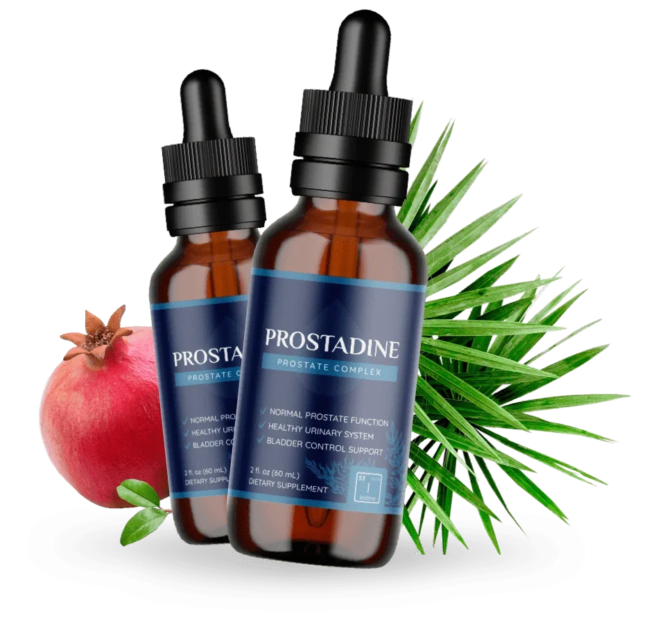 Two bottles of Prostadine liquid prostate and urinary support supplement with saw palmetto leaves and a pomegranate