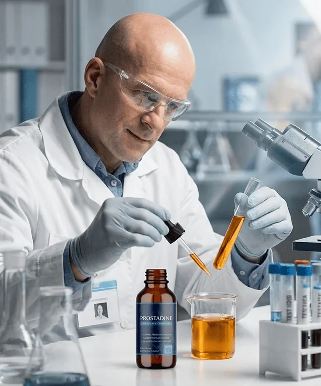 Technician in a laboratory placing amber liquid drops into a test tube beside a Prostadine bottle